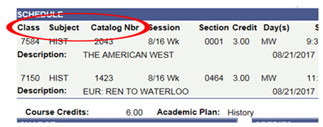 Portion of the schedule showing headings for Class, Subject and Catalog Number information