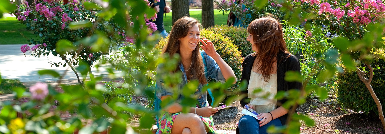 Two students talking while seated in the central mall area