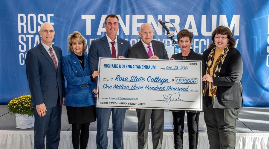Richard and Glenna Tanenbaum present a check to Rose State President Jeanie Webb, Governor Kevin Stitt and Rose State Regents Greg Smith and Laure Majors