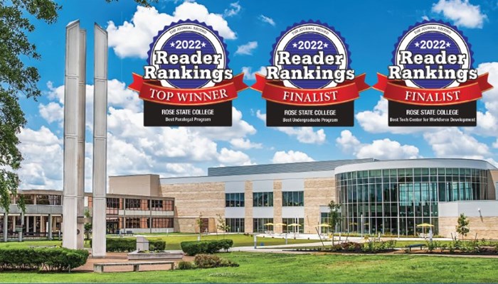 a photo of the campus mall facing the union with our 3 Reader Rankings badges: Top Winner for Best Paralegal Program, Finalist for Best Undergraduate Program, and Finalist for Best Tech Center for Workforce Development. 