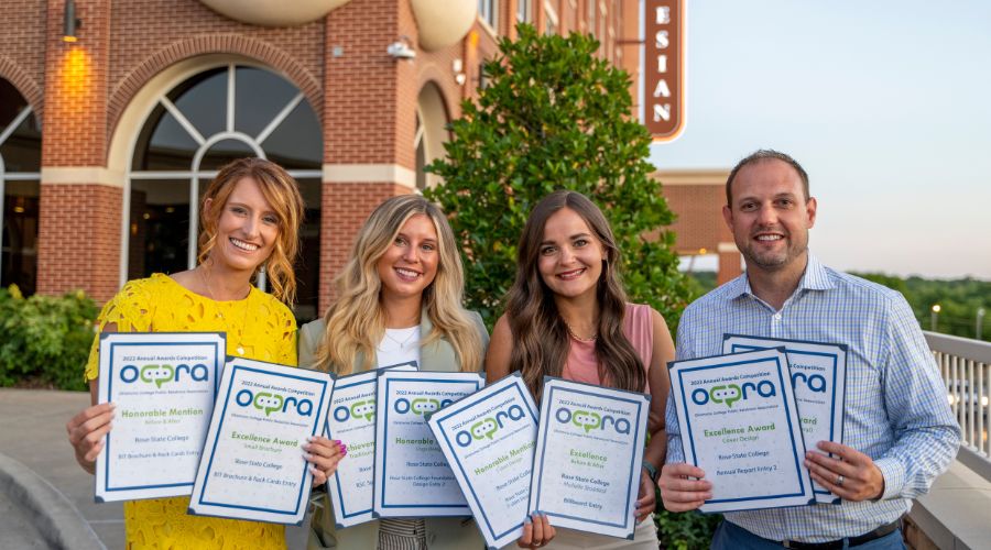 The Rose State Marketing team with their awards at the OCPRA Awards Conference in Sulphur, OK.