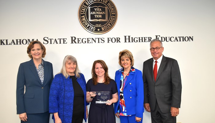 Pictured L to R: Chancellor Allison Garrett, Dean Toni Castillo, Writing Coordinator Kristen Kirkman, President Dr. Jeanie Webb, and Chair Jack Sherry 