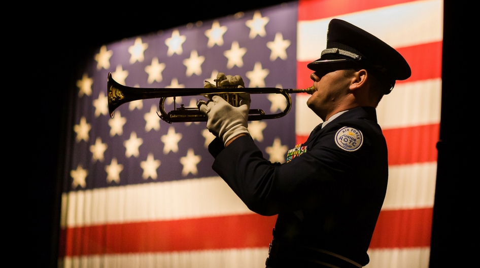 A member of the US Military plays trumpet in front of an American Flag